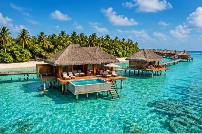 Overwater villas beside a turquoise lagoon